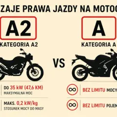 Porównanie kategorii A2 i A prawa jazdy na motor. Kategoria A2 ma ograniczenia mocy i stosunku mocy do masy, kategoria A to jazda bez limitów.