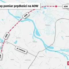 Mapa pokazuje odcinek AOW z zaznaczonym odcinkowym pomiarem prędkości.
