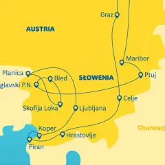 Mapa trasy Polska-Chorwacja samochodem przez Słowenię i Austrię. Zobacz punkty: Bled, Lublana, Piran, Graz.