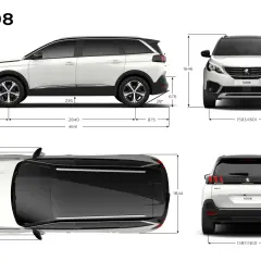 Peugeot 5008 wymiary: długość 4641 mm, szerokość 1844 mm, wysokość 1646 mm. Widok z boku, przodu, tyłu i z góry.