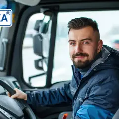 Uśmiechnięty kierowca ciężarówki, świadomy ważności prawa jazdy, siedzi za kierownicą. Na szybie widoczny znak "KULKA".