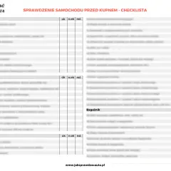 Checklista "Sprawdzenie samochodu przed kupnem" zawiera sekcje: Koła, Wnętrze, Komora silnika, Bagażnik. Pomaga to określić, co zrobić po zakupie auta używanego.