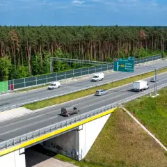 Droga ekspresowa S17 z zielonymi ekranami akustycznymi i lasem w tle. Ruch samochodowy na wielopasmowej trasie.