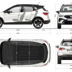 Schemat Seat Arona wymiary: długość 4164 mm, szerokość 1780 mm, wysokość 1530 mm. Rozstaw osi 2566 mm.