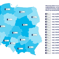 Mapa Polski z literami oznaczającymi tablice rejestracyjne województwa. Każda litera odpowiada konkretnemu województwu, np. Z to zachodniopomorskie.