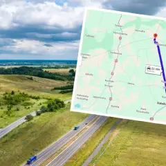 Droga S19, najdłuższa prosta droga w Polsce, przecina malownicze krajobrazy Podlasia. Mapa pokazuje trasę z Różanegostoku do Sokółki.