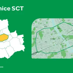 Mapa Warszawy z zaznaczoną żółtym kolorem strefą czystego transportu (SCT). Obok mapa centrum miasta z wyznaczoną trasą SCT.