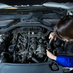 Mechanik naprawia silnik, gdy auto nie ma mocy benzyna.