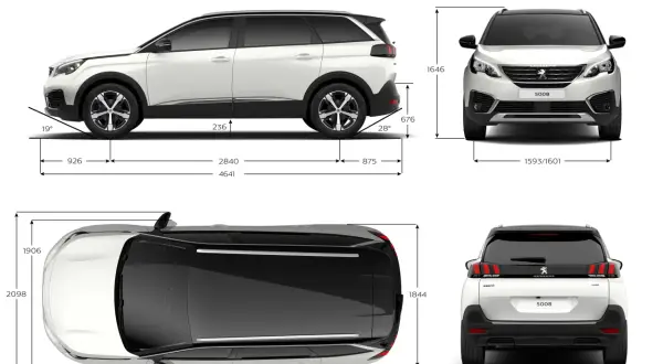 Peugeot 5008 wymiary: długość 4641 mm, szerokość 1844 mm, wysokość 1646 mm. Widok z boku, przodu, tyłu i z góry.