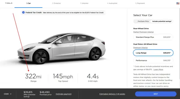 Tesla Model 3 Long Range: 322 mil zasięg, 145 mph prędkość maksymalna, 4.4s do 100 km/h. Cena $39,815.