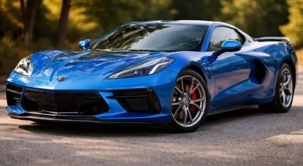 Niebieski Chevrolet Corvette C8, ikona wśród sportowych marek General Motors, prezentuje swoje dynamiczne linie na tle leśnej drogi.