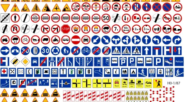Zbiór znaków drogowych z opisem: ostrzegawcze, zakazu, nakazu, informacyjne, podrzędności, przejazd kolejowy.