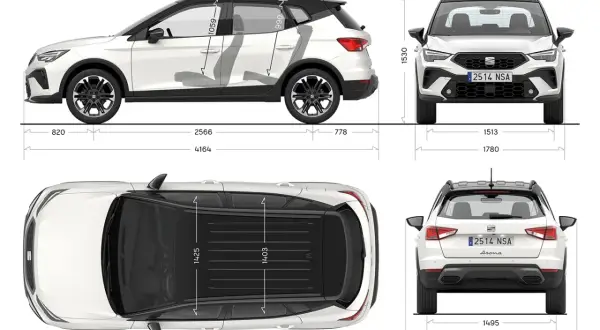 Schemat Seat Arona wymiary: długość 4164 mm, szerokość 1780 mm, wysokość 1530 mm. Rozstaw osi 2566 mm.