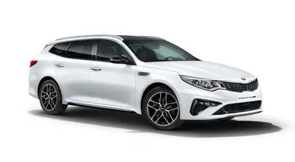 Biała Kia Optima SW GT Line z czarnym dachem i felgami. Idealna do rodzinnych podróży, sprawdź kia optima dane techniczne.