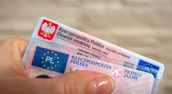 Dłoń trzyma polski dowód osobisty i prawo jazdy. Dokumenty gotowe do wymiany lub odnowienia.