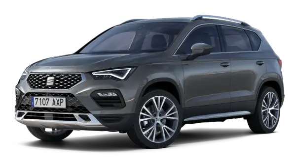 Szary Seat Ateca z widocznymi felgami i tablicą rejestracyjną. Sprawdź seat ateca wymiary, by poznać jego gabaryty.