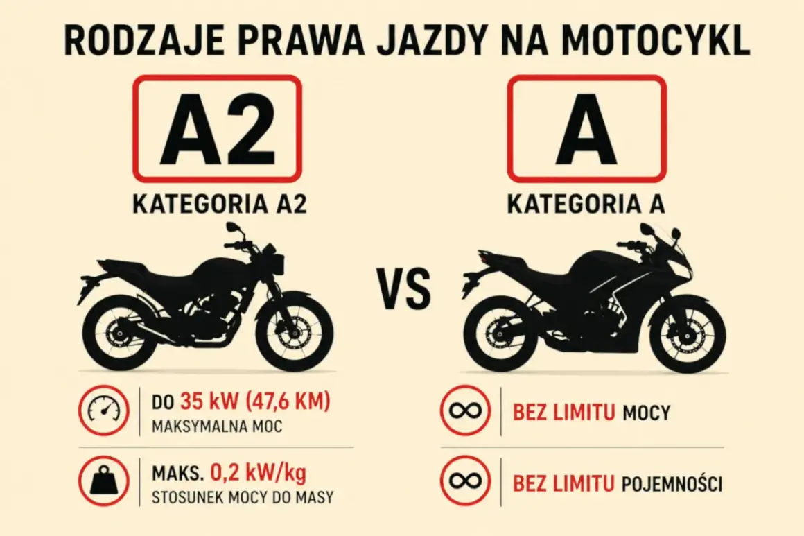 Porównanie kategorii A2 i A prawa jazdy na motor. Kategoria A2 ma ograniczenia mocy i stosunku mocy do masy, kategoria A to jazda bez limitów.