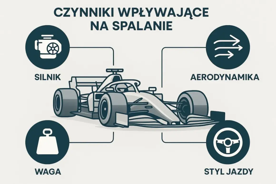 Czynniki wpływające na to, ile pali bolid F1: silnik, aerodynamika, waga i styl jazdy.