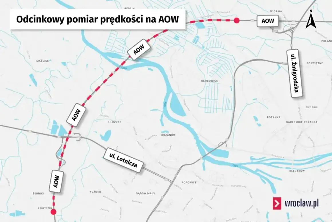 Mapa pokazuje odcinek AOW z zaznaczonym odcinkowym pomiarem prędkości.
