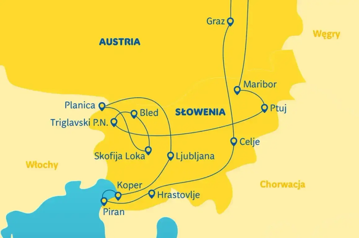 Mapa trasy Polska-Chorwacja samochodem przez Słowenię i Austrię. Zobacz punkty: Bled, Lublana, Piran, Graz.