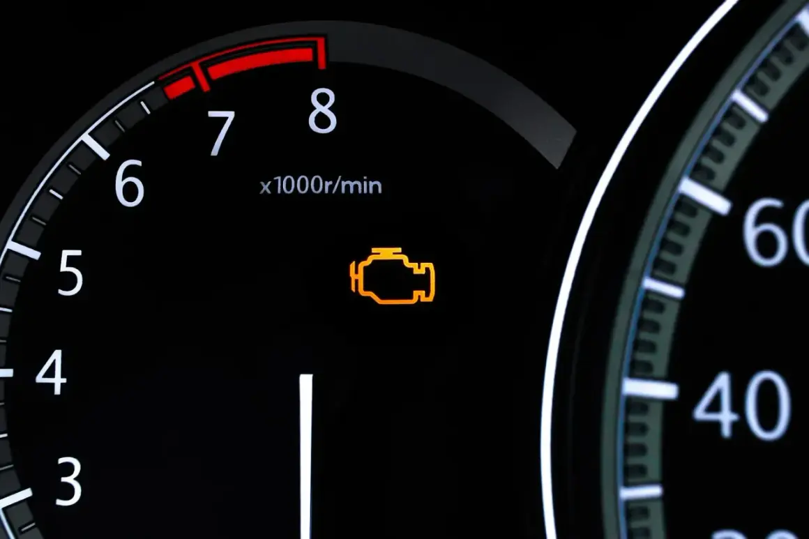 Pomarańczowa kontrolka check engine świeci na desce rozdzielczej. Silnik wymaga uwagi.