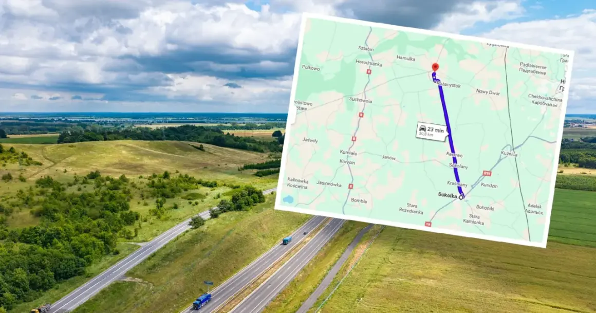 Droga S19, najdłuższa prosta droga w Polsce, przecina malownicze krajobrazy Podlasia. Mapa pokazuje trasę z Różanegostoku do Sokółki.