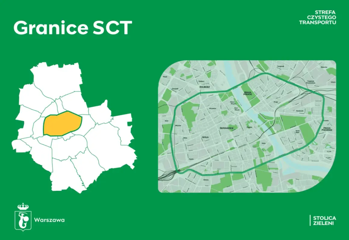 Mapa Warszawy z zaznaczoną żółtym kolorem strefą czystego transportu (SCT). Obok mapa centrum miasta z wyznaczoną trasą SCT.
