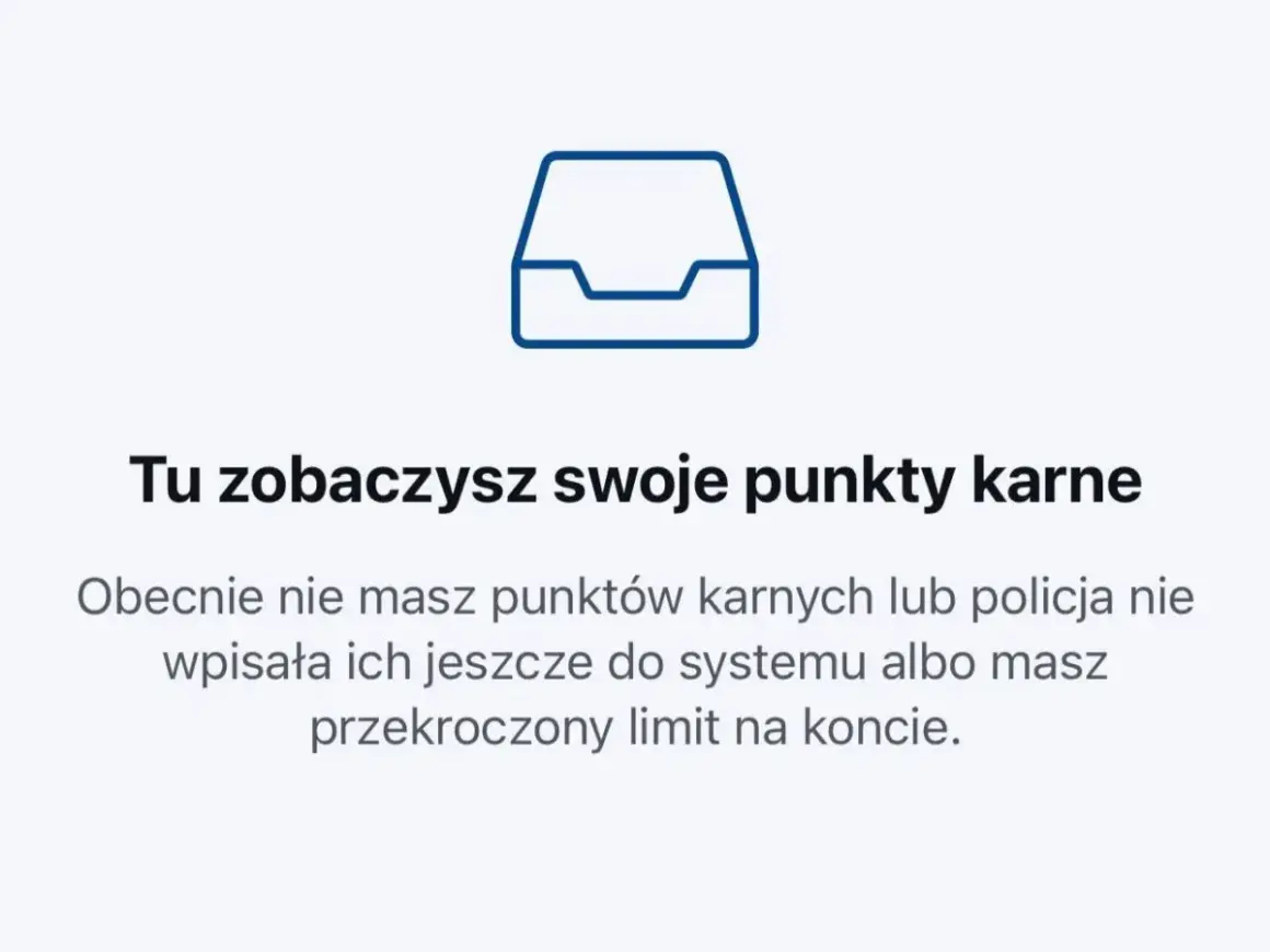 Ikona szuflady i tekst: "Tu zobaczysz swoje punkty karne". Informacja, że punkty karne kasują się po pewnym czasie, lub gdy policja ich nie wpisała.