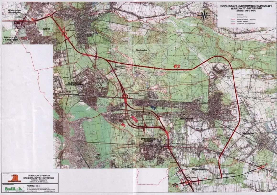 Mapa przedstawia warianty przebiegu wschodniej obwodnicy Warszawy, pokazując trasy przez Zielonkę, Sulejówek i Halinów.