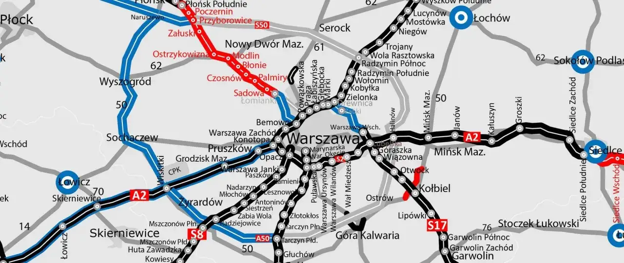 Mapa drogowa z zaznaczoną wschodnią obwodnicą Warszawy, autostradą A2 i drogami S50, S8, S17.