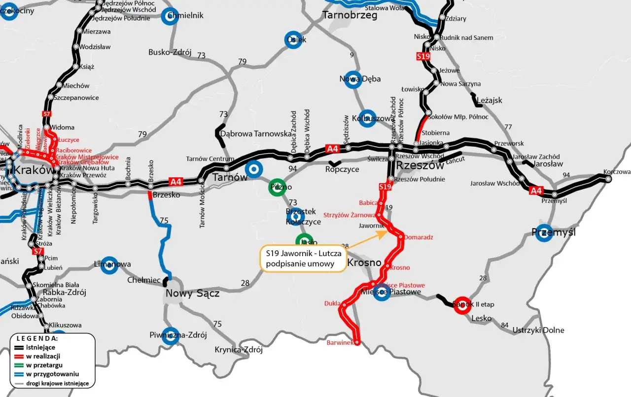 Mapa drogowa z zaznaczoną drogą ekspresową S19, pokazującą jej przebieg od Jawornika do Lutczy, z informacją o podpisaniu umowy.