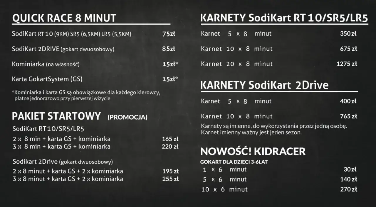 Cennik gokartów: pojedyncze jazdy od 75 zł, pakiety 5x8 min od 350 zł. Sprawdź, ile kosztują gokarty dla dzieci i dorosłych.