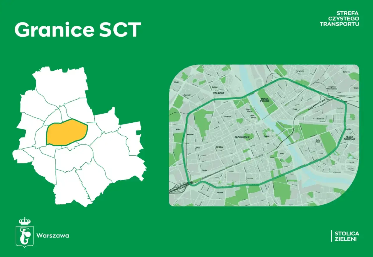 Mapa Warszawy z zaznaczoną strefą czystego transportu (SCT). Obszar SCT obejmuje centrum miasta.