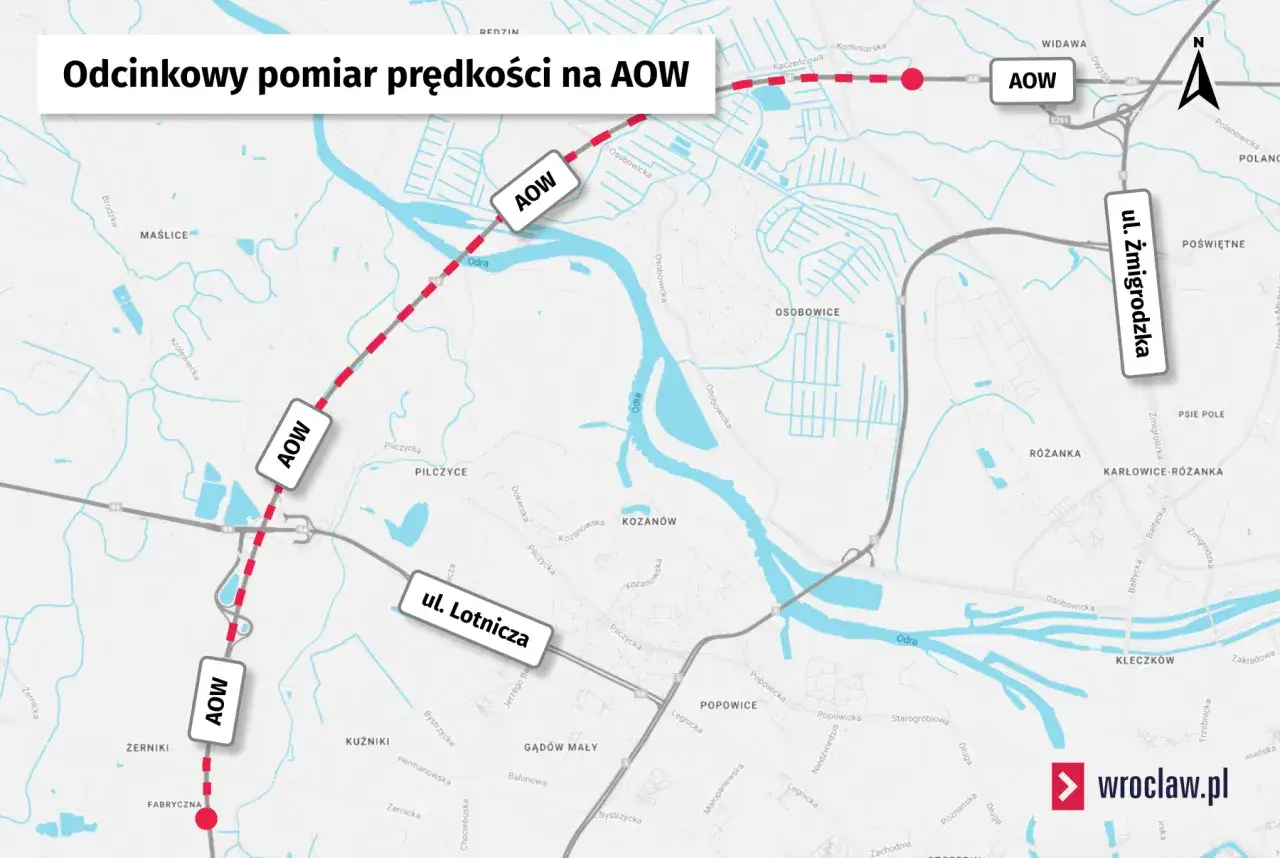 Mapa Wrocławia z zaznaczonym odcinkowym pomiarem prędkości na AOW. Czerwona linia wskazuje trasę pomiaru.