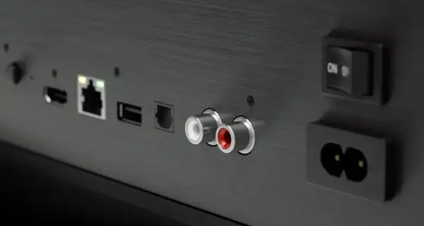 Widok z tyłu urządzenia: złącza HDMI, Ethernet, USB, RCA (białe i czerwone) oraz gniazdo zasilania. Tak wygląda wejście aux.