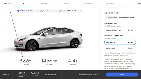 Tesla Model 3 Long Range: 322 mil zasięg, 145 mph prędkość maksymalna, 4.4s do 100 km/h. Cena $39,815.