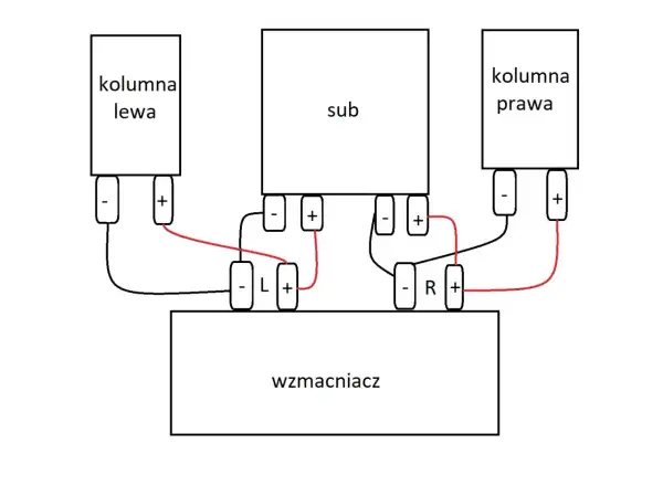 Schemat pokazuje, jak podłączyć subwoofer do wzmacniacza i kolumn. Połącz lewą i prawą kolumnę z wyjściami L i R wzmacniacza, a subwoofer z odpowiednimi terminalami.