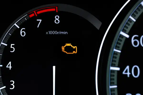 Pomarańczowa kontrolka check engine świeci na desce rozdzielczej. Silnik wymaga uwagi.