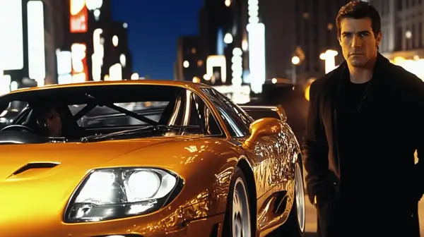 Mężczyzna w czarnym płaszczu obok złotego supersamochodu, jak z filmów o wyścigach ulicznych. Nocne miasto w tle.